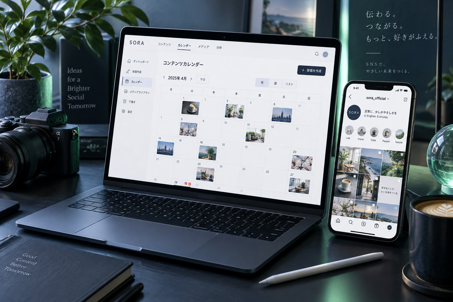 SNS運用代行：スマートフォンや制作画面を使ったサービスのイメージ